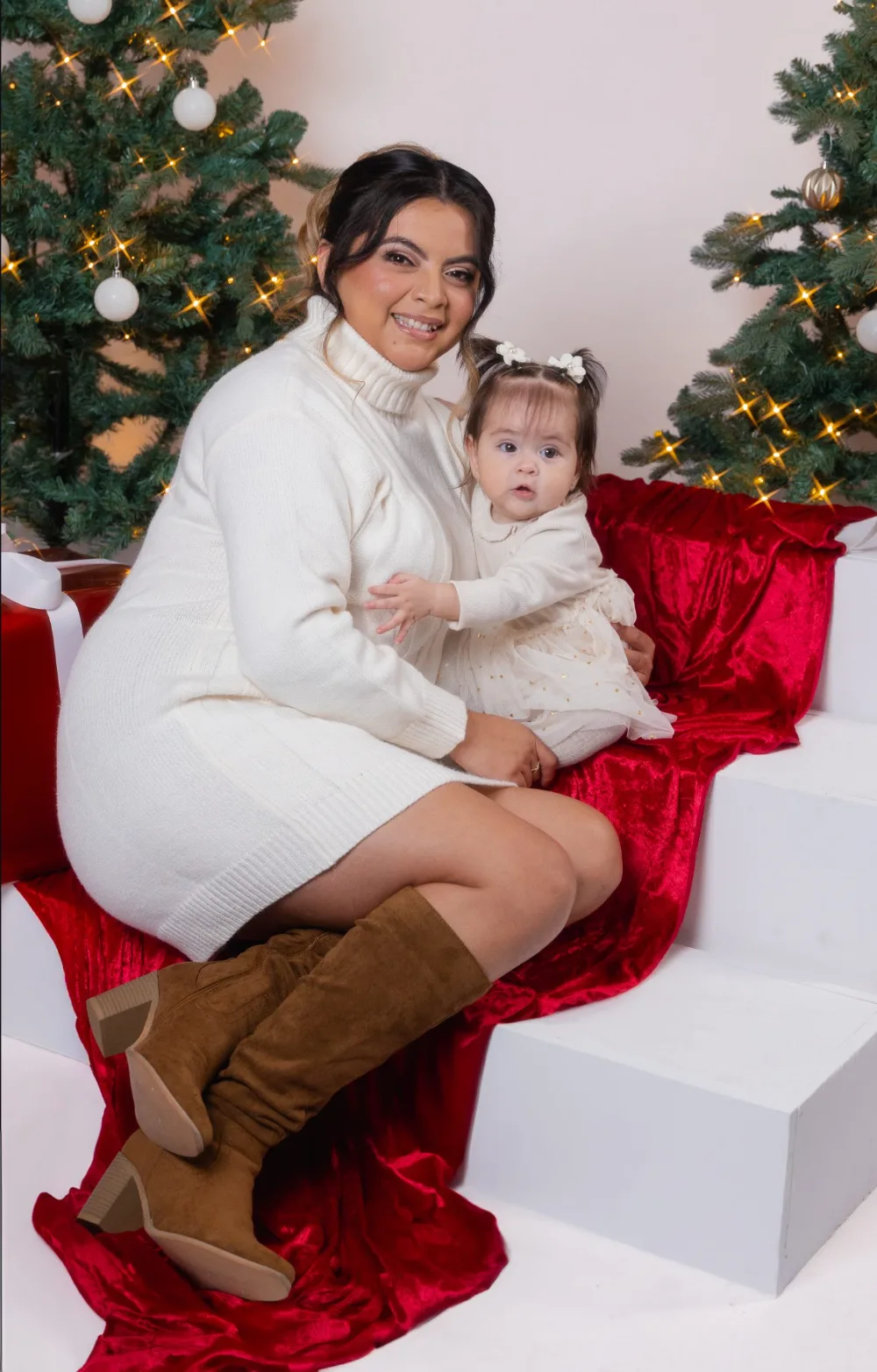 Mom and baby on the Cream & Evergreen set